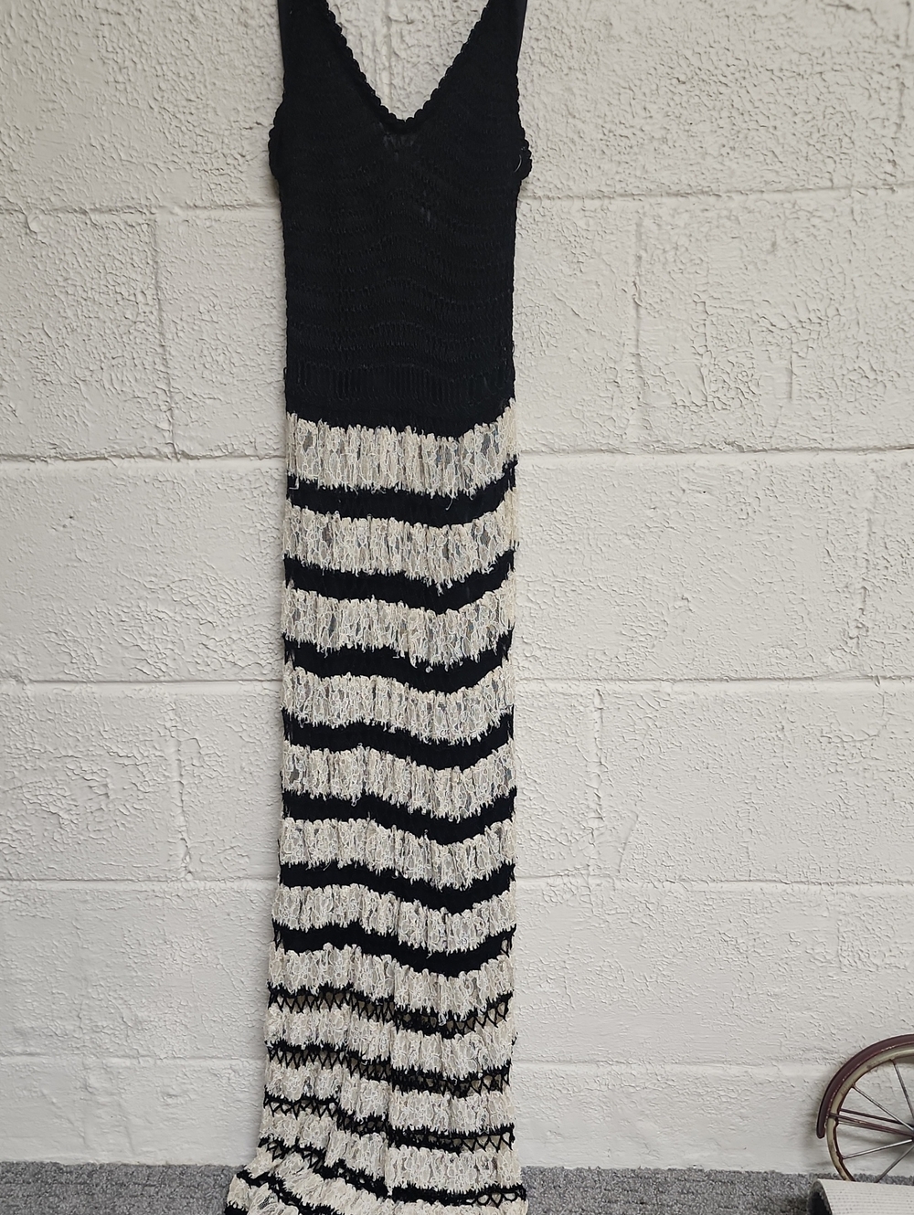 Free People Black and Cream Striped Fringe Knit Maxi Skirt
